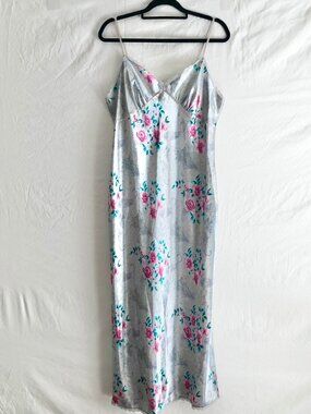 Vintage 90s Erika Taylor Gray Floral Satin Nightgown Size L